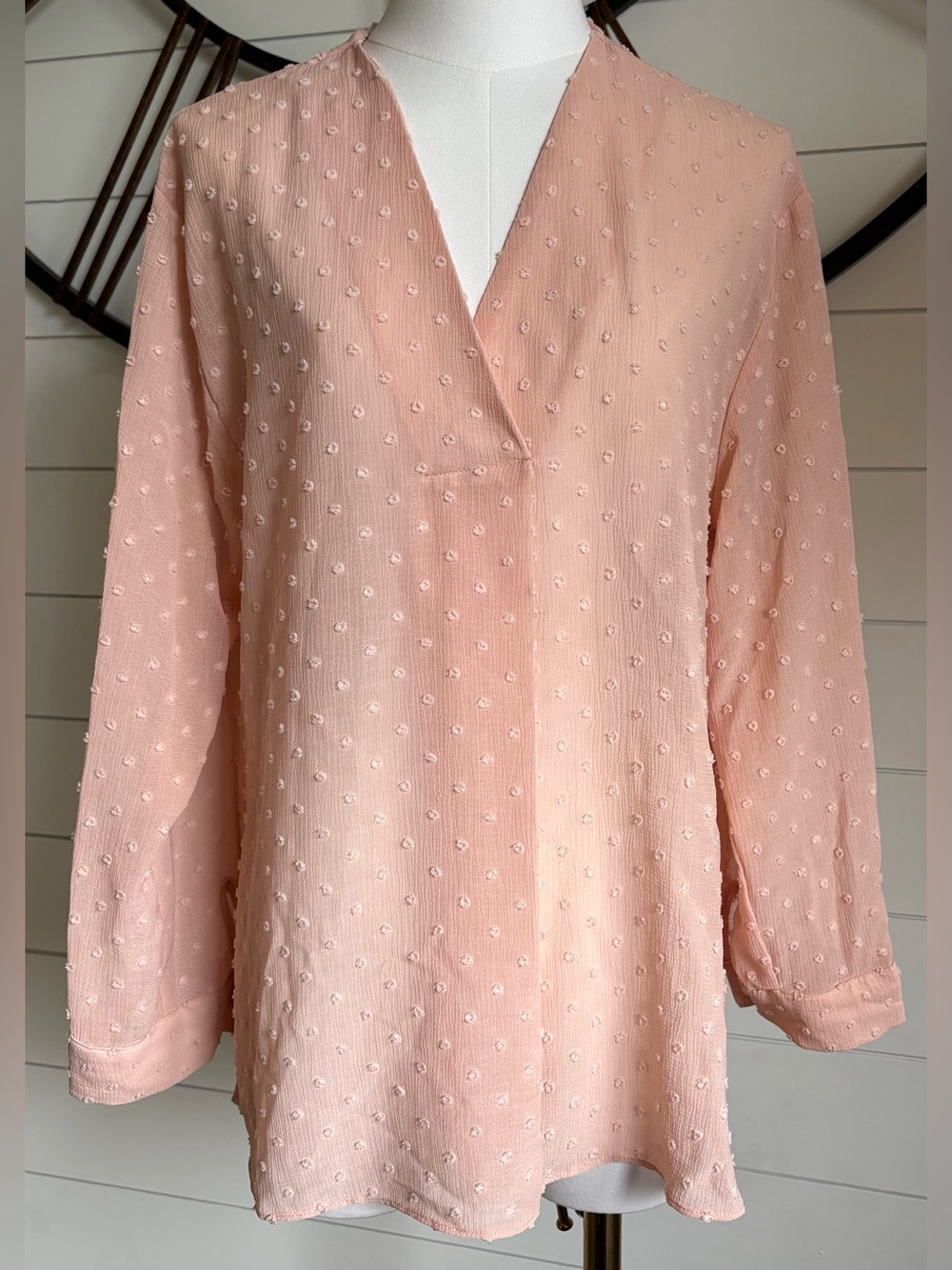 Vince Camuto Blush Semi-Sheer Pink Dot-Swiss V-Neck Long Sleeve Flowy Blouse - M